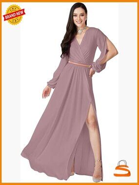 Long Sleeve Slit Maxi Dress A-Line V-Neck Plus Size Evening Gown